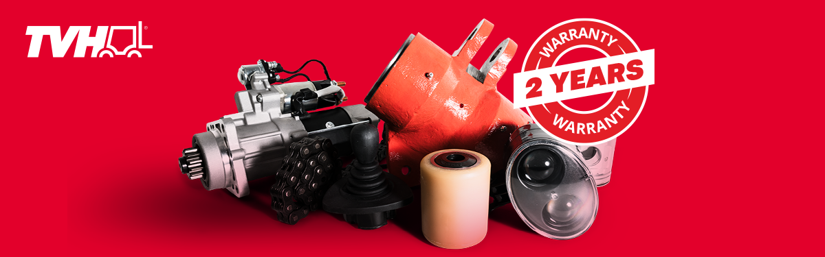 TVH automotive parts including fuel pump, filters, and engine components with 2-year warranty badge on red background