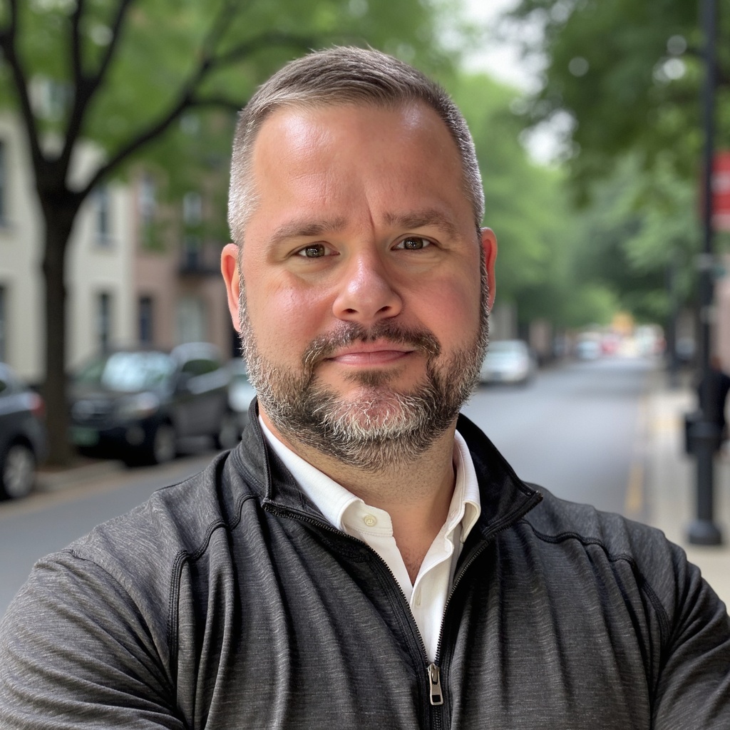 Professional headshot of a bearded man in a dark jacket and white shirt on an urban street Headshot