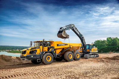 Yellow Hyundai wheel loader and excavator operating at a gravel quarry site with water and trees in background