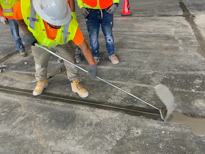 Construction worker in safety vest and hard hat finishing concrete with a trowel while colleagues observe on job site