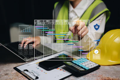 Construction worker in safety gear interacting with holographic project management dashboard and Gantt charts