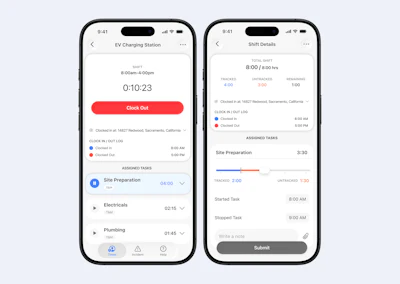 Mobile app interface showing EV charging station shift details with time tracking and assigned tasks on two smartphone screens
