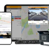 Fleet management system displaying real-time vehicle tracking, dashcam footage, and monitoring interface across smartphone, tablet, and camera hardware.