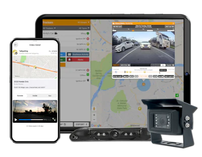 Fleet management system displaying real-time vehicle tracking, dashcam footage, and monitoring interface across smartphone, tablet, and camera hardware.