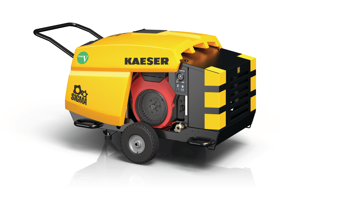 KAESER Sigma mobile air compressor with yellow and black casing on wheels