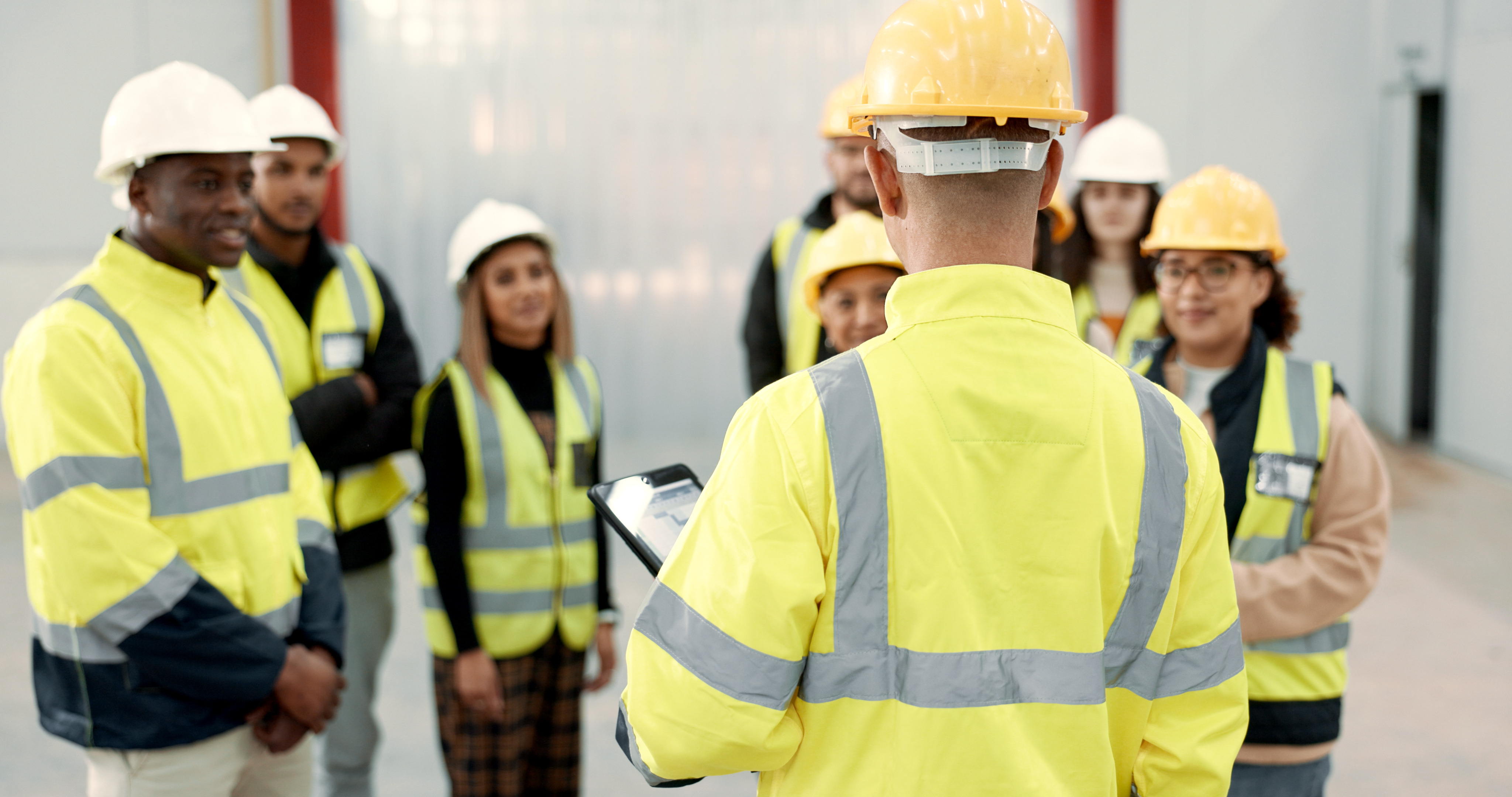 Construction workers in yellow safety vests and hard hats gathered at an indoor job site