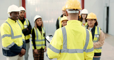 Construction workers in yellow safety vests and hard hats gathered at an indoor job site