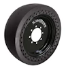 SolidBoss solid tire wheel with perforated black rim and white lug holes