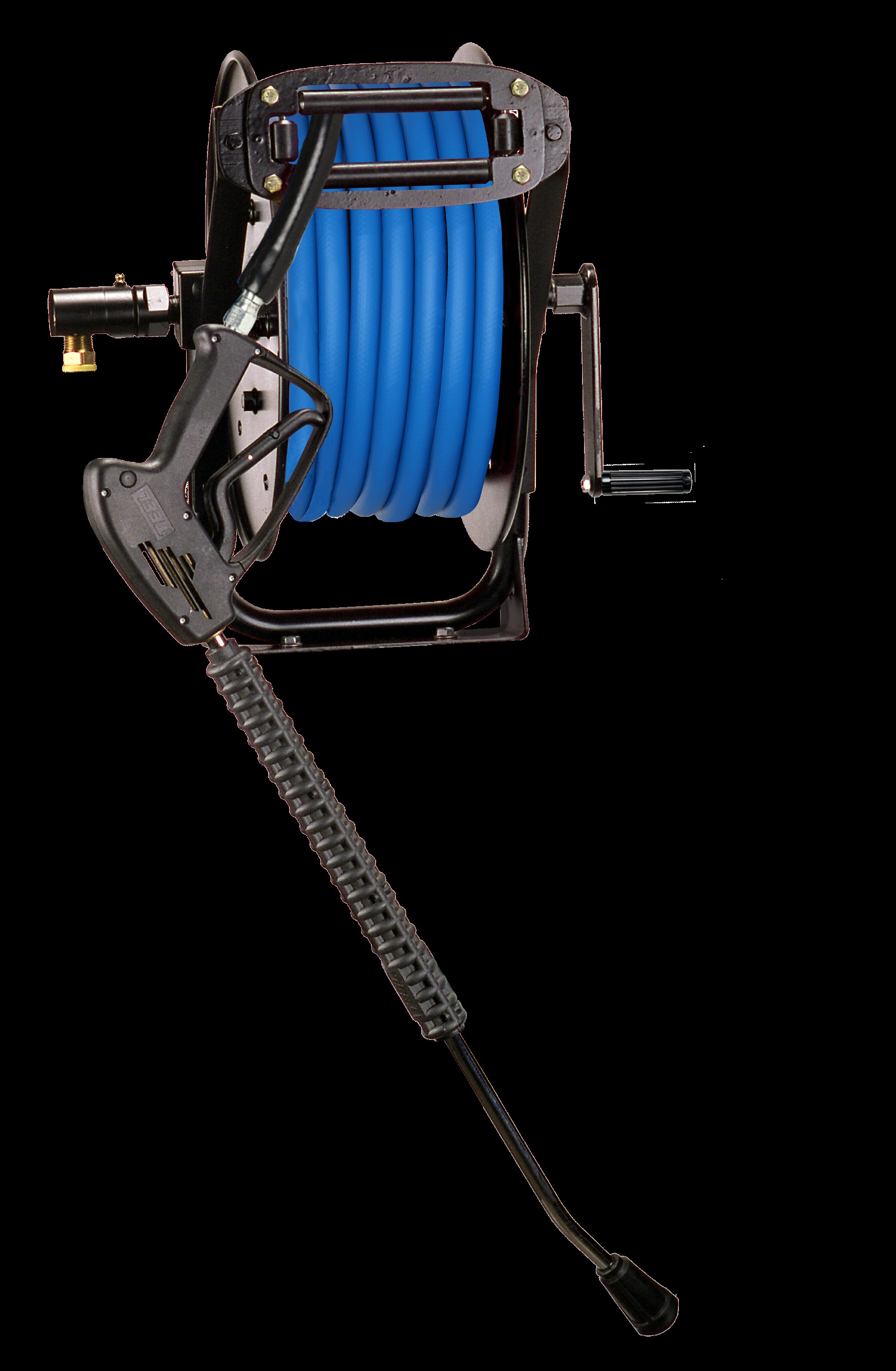 Black and blue manual hose reel with hand crank and attached hose on white background