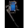 Black and blue manual hose reel with hand crank and attached hose on white background