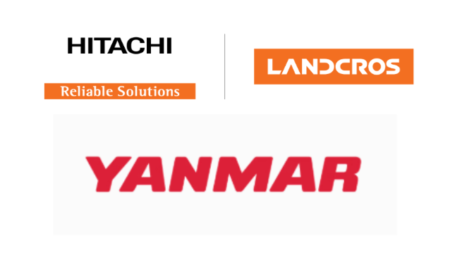 Hitachi, Landcros, and Yanmar corporate logos displayed vertically