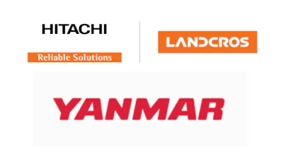Hitachi, Landcros, and Yanmar corporate logos displayed vertically