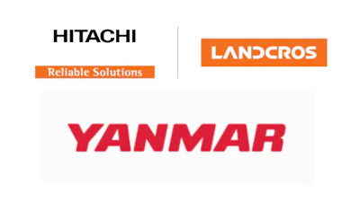Hitachi, Landcros, and Yanmar corporate logos displayed vertically