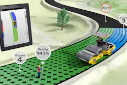 Dynapac roller compactor on green terrain with thermal imaging data displayed on tablet showing 94.3% density and 250°F temperature reading
