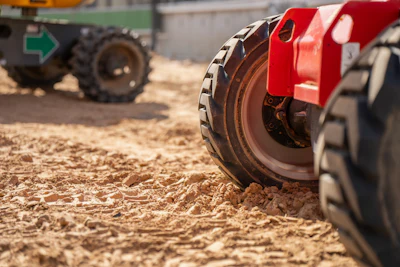 Red construction compactor wheel on sandy work site with heavy machinery in background