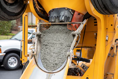 Yellow concrete mixer truck with rotating drum filled with wet gray concrete at job site