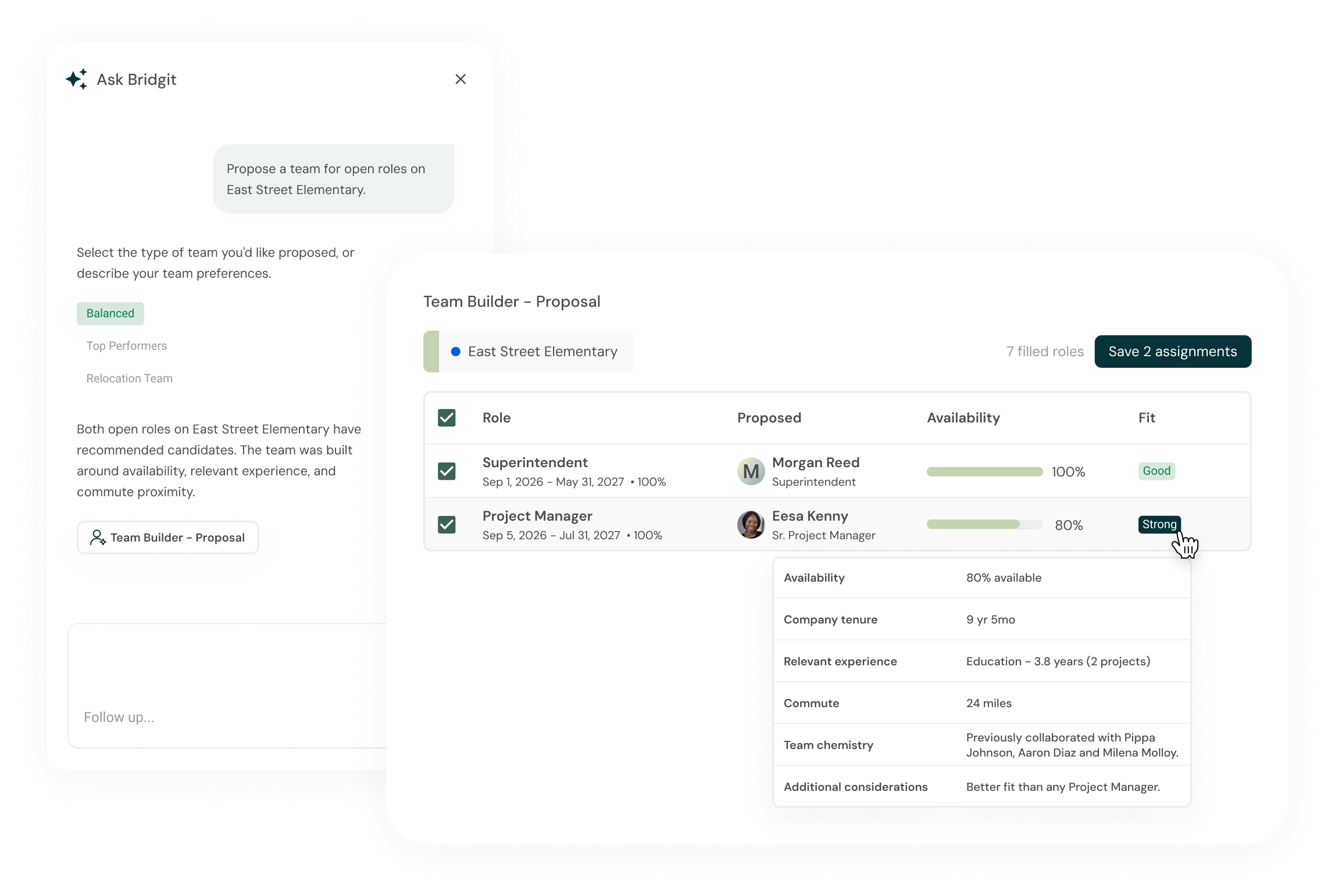 Team Builder proposal interface showing open roles at East Street Elementary with superintendent and project manager assignments and availability details