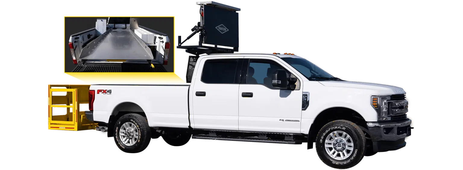 White Ford F-250 pickup truck with truck bed cover, roof rack, and yellow running boards