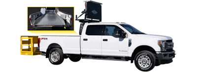 White Ford F-250 pickup truck with truck bed cover, roof rack, and yellow running boards
