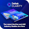 Deltek Clarity marketing materials featuring Government Contracting and Architecture & Engineering industry study guides with Capitol building and professional imagery