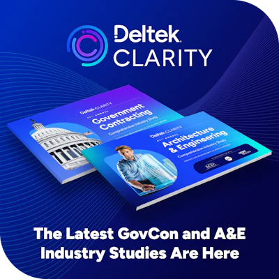 Deltek Clarity marketing materials featuring Government Contracting and Architecture & Engineering industry study guides with Capitol building and professional imagery