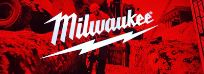 Milwaukee brand logo with lightning bolt on red industrial tools background