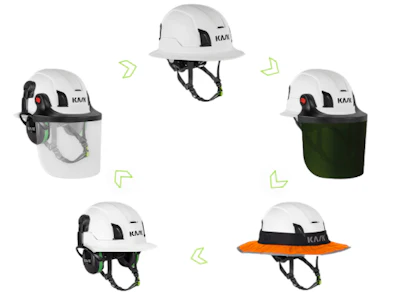 KASK safety helmet product lineup showing five white hard hats with various protective accessories including face shields and chin straps