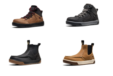 Four work boots displayed in a grid showing brown, black, and tan leather styles with varying heights and designs
