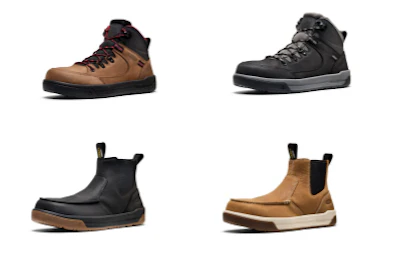Four work boots displayed in a grid showing brown, black, and tan leather styles with varying heights and designs