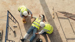 Two construction workers in safety vests and hard hats reviewing plans at a job site