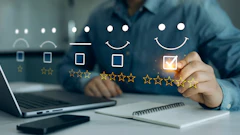Person selecting five-star rating on customer satisfaction feedback survey displayed on laptop screen