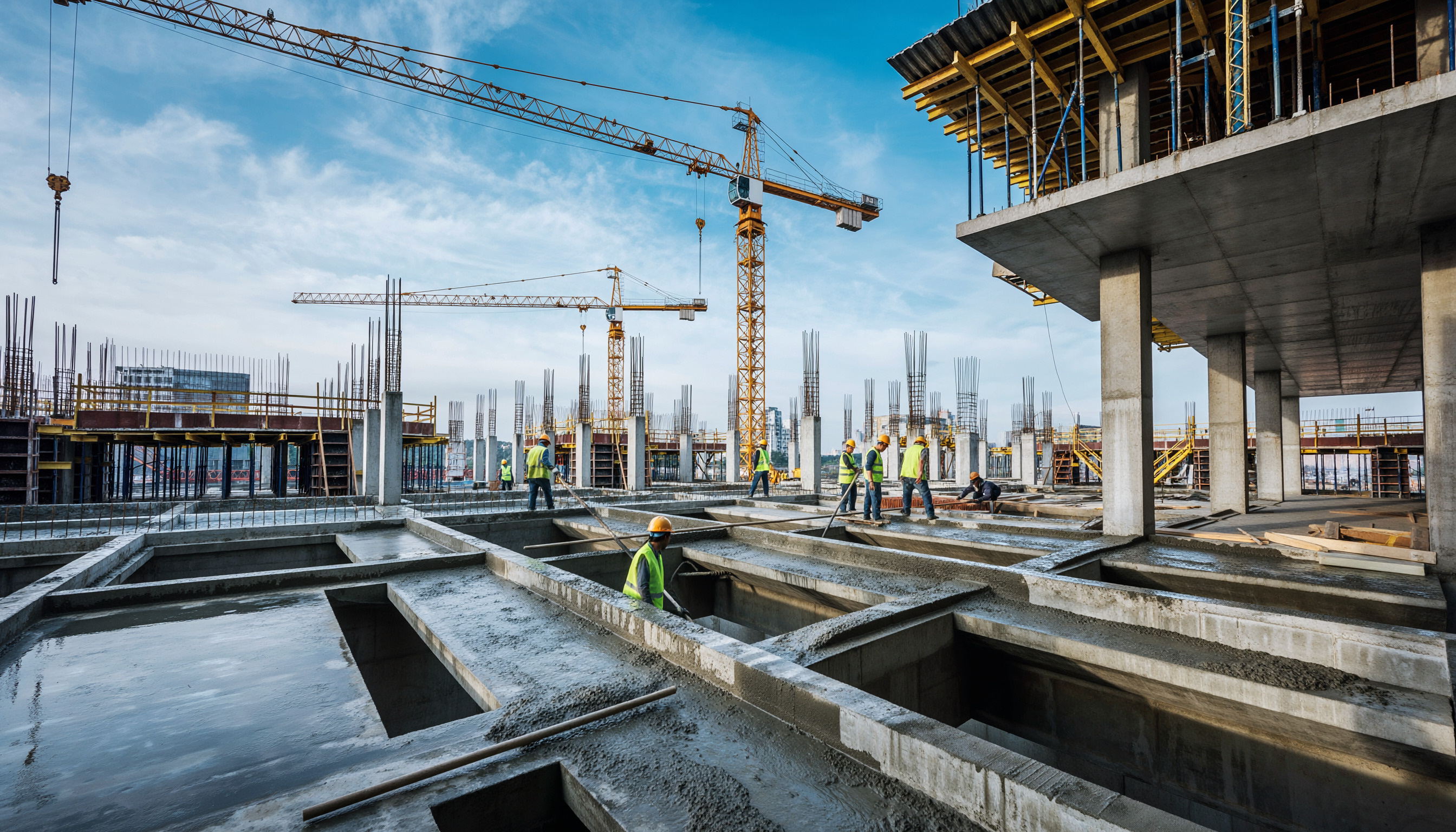 Construction workers in safety vests on concrete foundation with cranes and steel framework at active building site