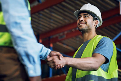 Construction workers in safety gear shaking hands at a warehouse site