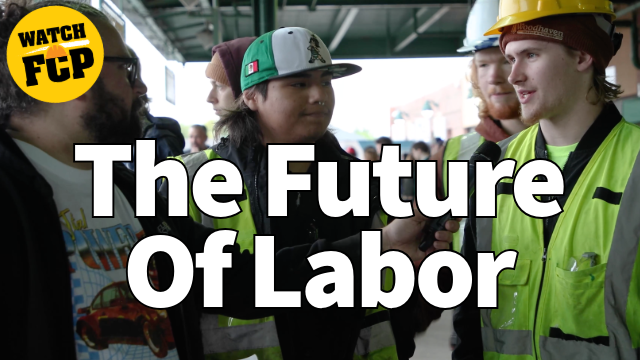 Construction workers discuss labor practices with 'Watch FCP' logo overlay promoting labor awareness