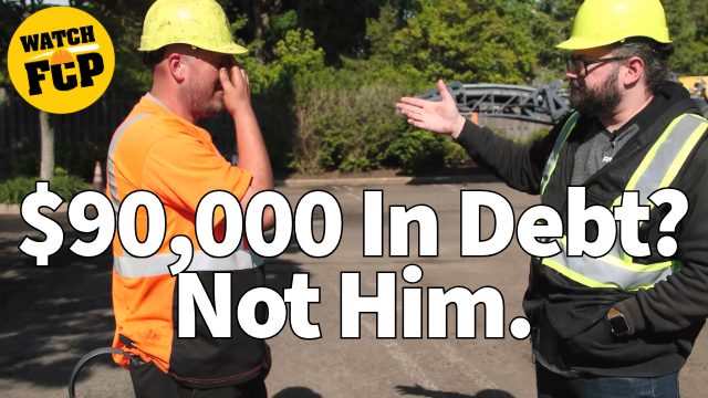 Two construction workers discussing on job site with 'Watch FCP' logo and '$90,000 In Debt? Not Him' text overlay