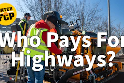 Construction workers on road equipment with text overlay asking 'Who Pays For Highways?' and FCP watch badge