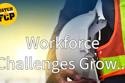 Construction worker holding hard hat with 'Workforce Challenges Grow' text and Watch FCP branding