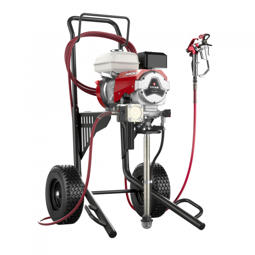 Titan airless paint sprayer with gas engine, red and black frame, pneumatic hose, and spray gun attachment