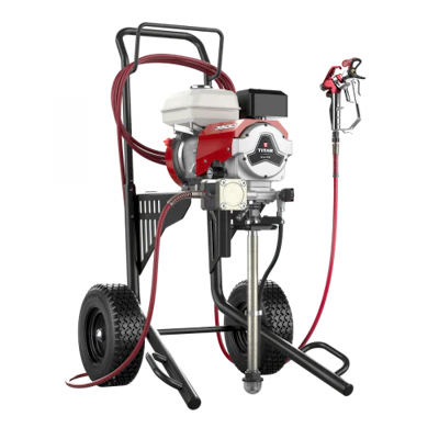 Titan airless paint sprayer with gas engine, red and black frame, pneumatic hose, and spray gun attachment