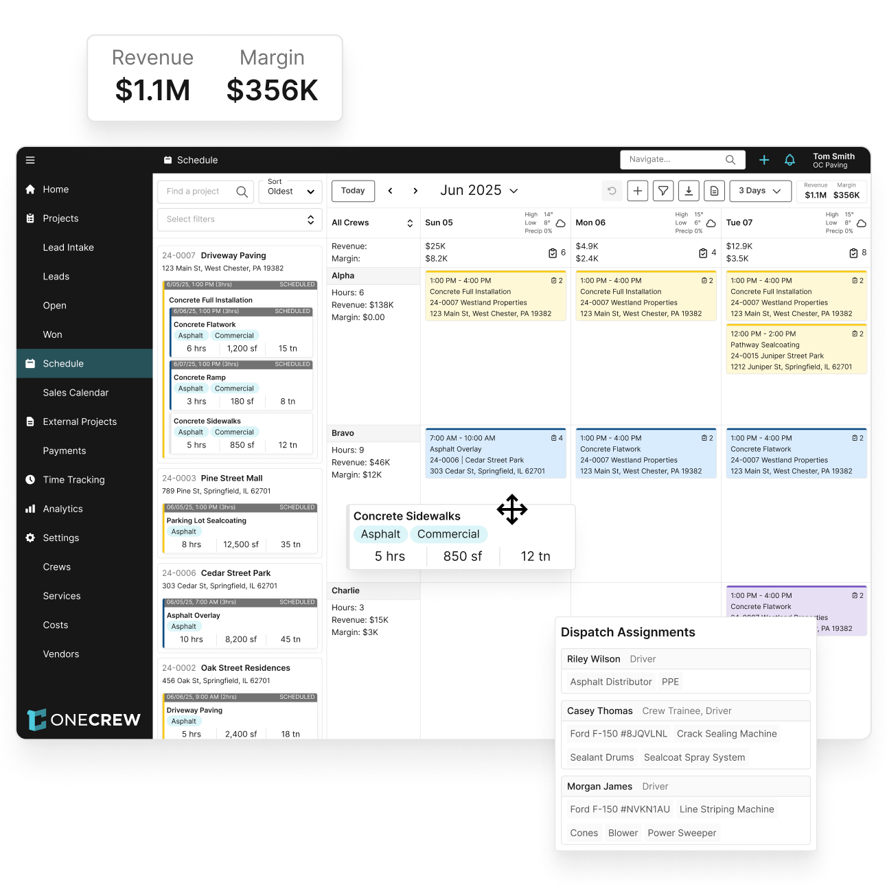 OneCrew project management software dashboard showing schedule, revenue metrics, and dispatch assignments