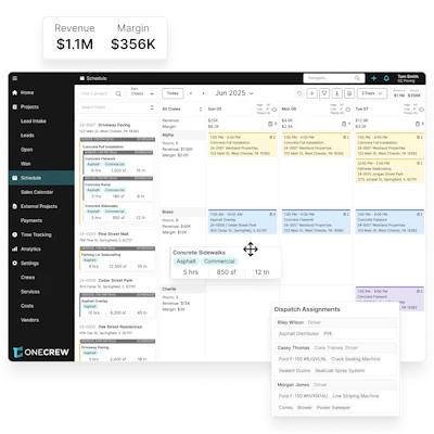 OneCrew project management software dashboard showing schedule, revenue metrics, and dispatch assignments