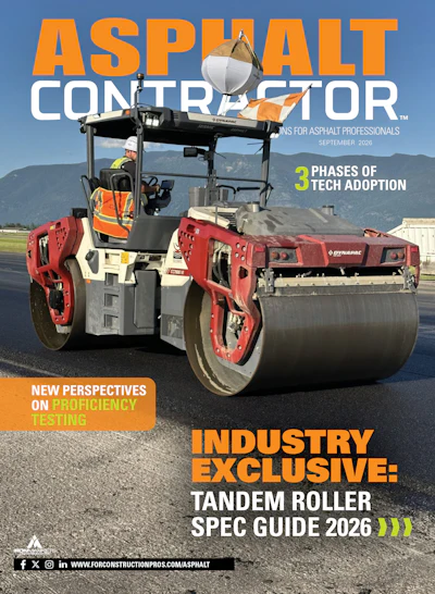 Asphalt Contractor magazine cover featuring red tandem roller compactor on paved surface with mountains in background, September 2026 issue