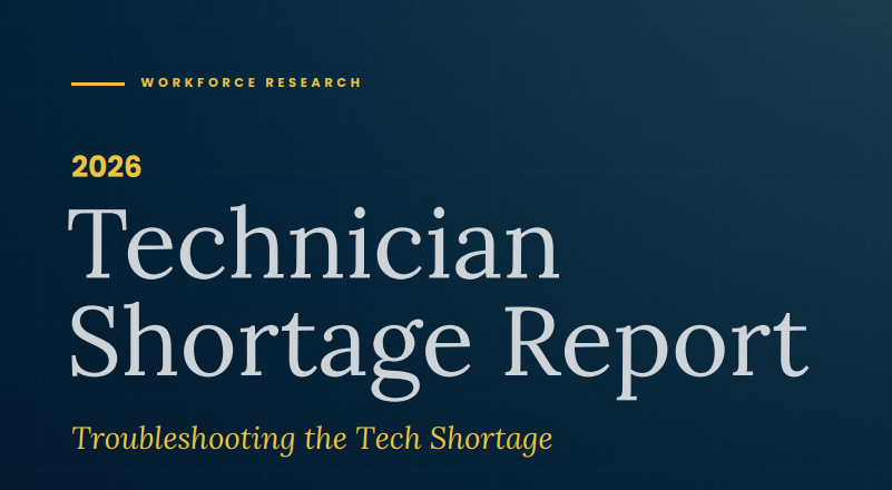 2026 Technician Shortage Report cover with subtitle Troubleshooting the Tech Shortage on dark teal background