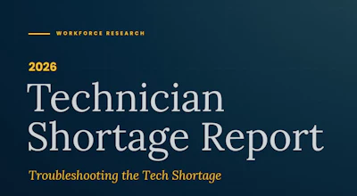 2026 Technician Shortage Report cover with subtitle Troubleshooting the Tech Shortage on dark teal background