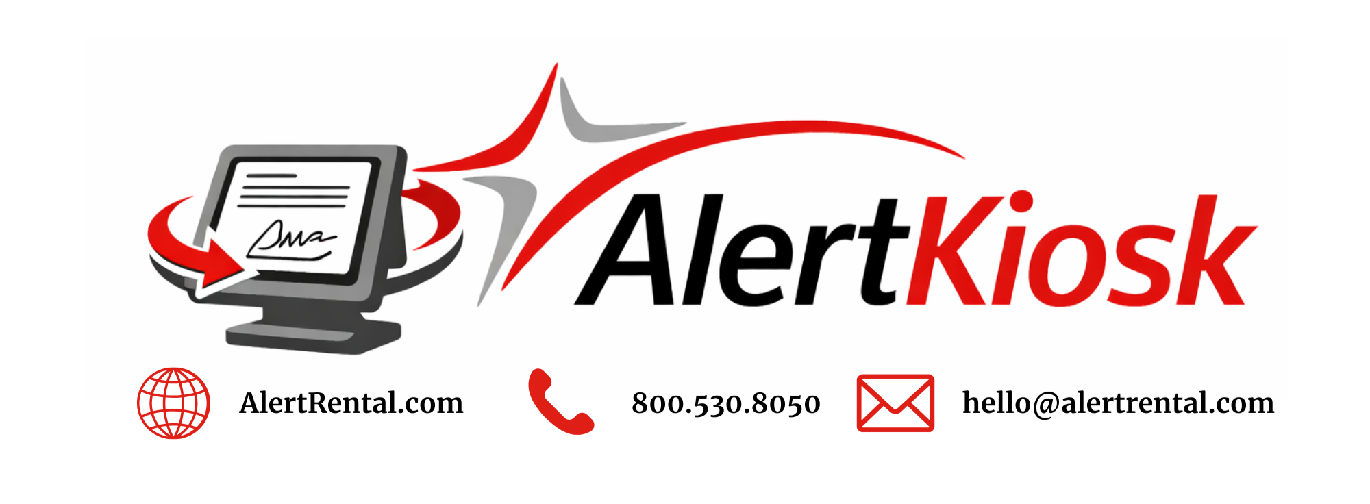AlertKiosk logo with tablet icon and contact details: AlertRental.com, 800.530.8050, hello@alertrental.com