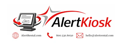 AlertKiosk logo with tablet icon and contact details: AlertRental.com, 800.530.8050, hello@alertrental.com