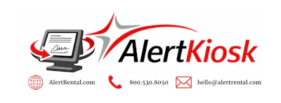 AlertKiosk logo with tablet icon and contact details: AlertRental.com, 800.530.8050, hello@alertrental.com
