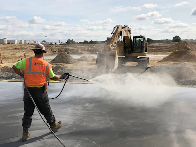 Construction worker spraying water on excavator at dusty job site with heavy machinery operating