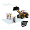 Front load view safety diagram showing wheel loader with bucket raised, workers in safety vests, and rear-view camera for equipment operation awareness