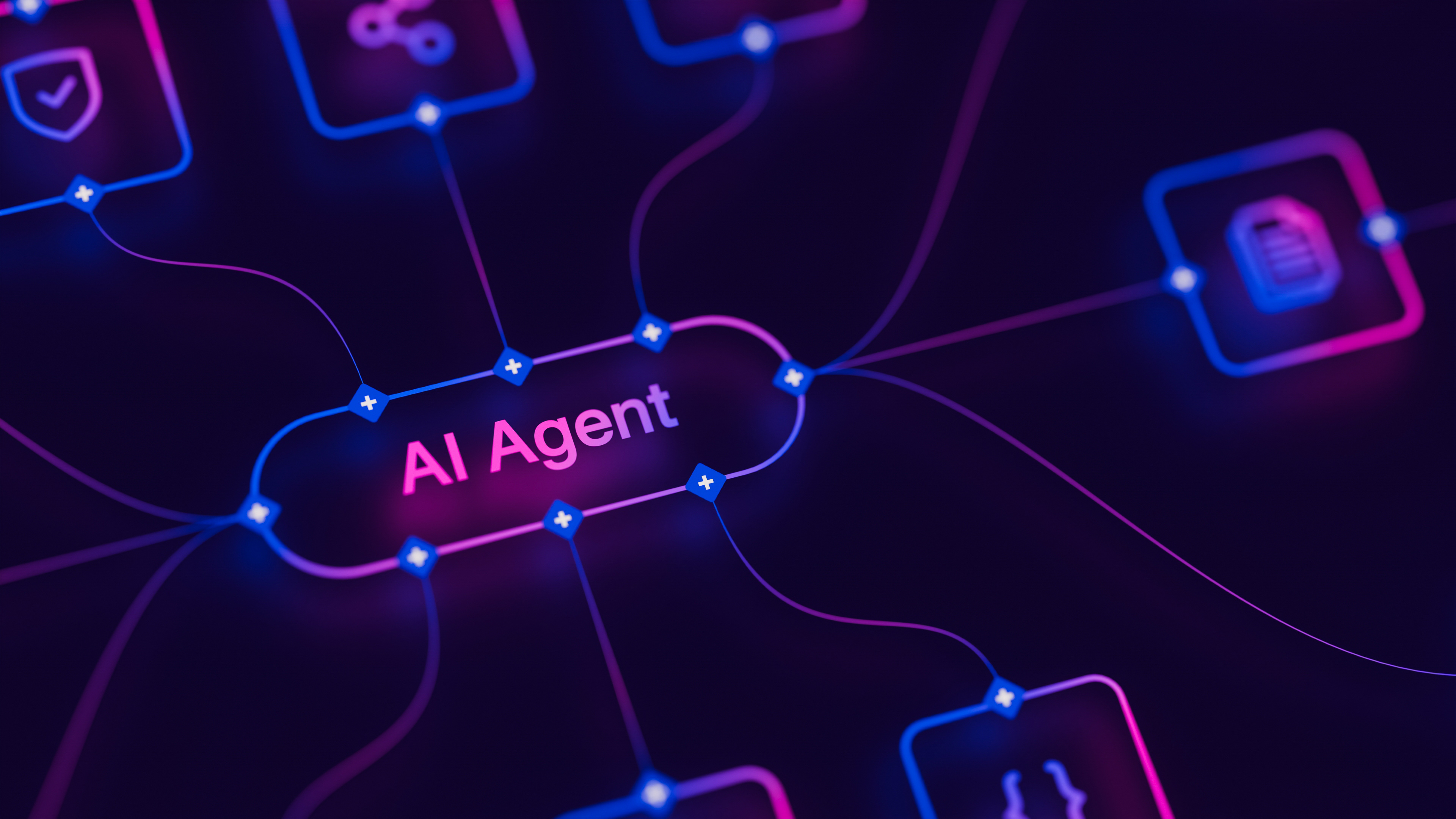 Neon-styled digital network visualization showing 'AI Agent' connected to multiple technology icons through glowing blue and magenta lines with node points